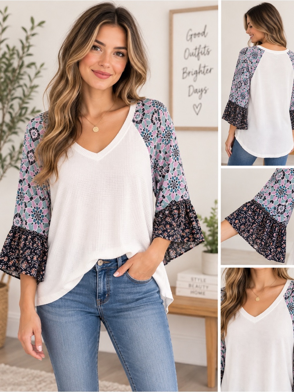 Umgee White V-Neck Top with Lavender and Navy Floral Bell Sleeves